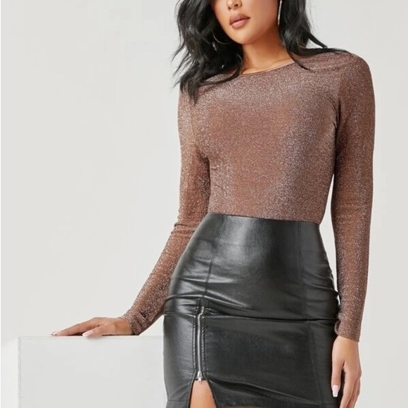 Shein METALLIC bronze STRETCH BODYSUIT open back BLOUSE SHIRT - Picture 14 of 15